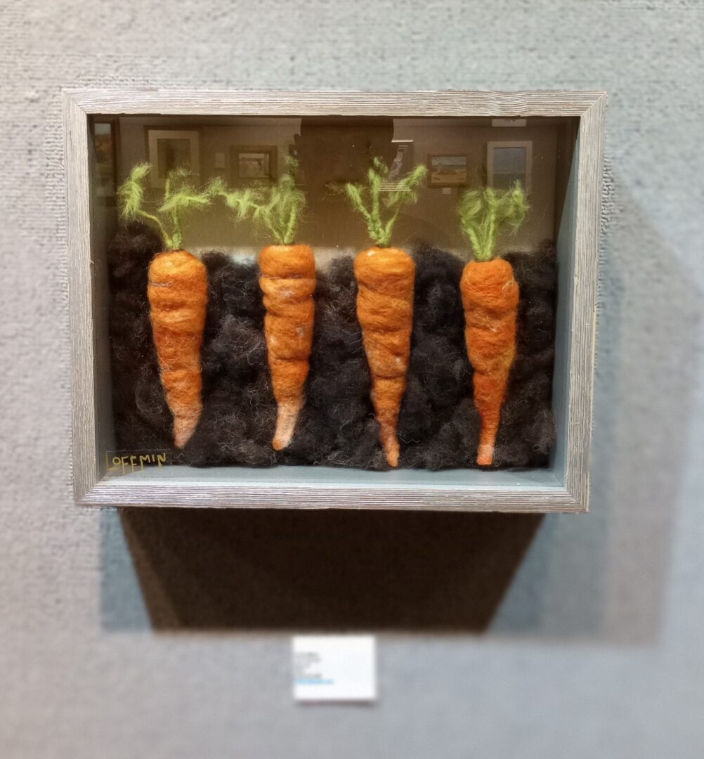 Three carrots in a frame on display.